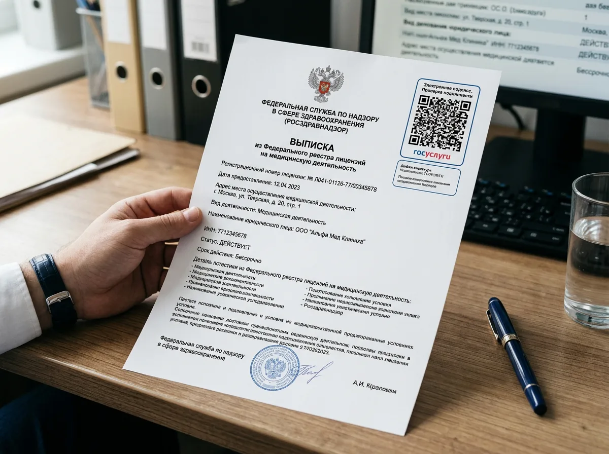 Выписка из Федерального реестра лицензий на медицинскую деятельность Росздравнадзора, электронный документ с QR-кодом