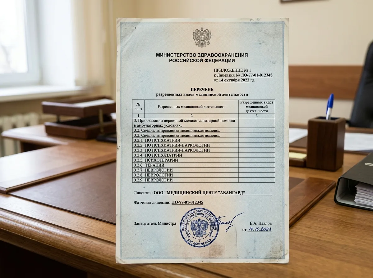 Приложение к лицензии с перечнем разрешённых видов медицинской деятельности, включая наркологию и психиатрию, официальный документ